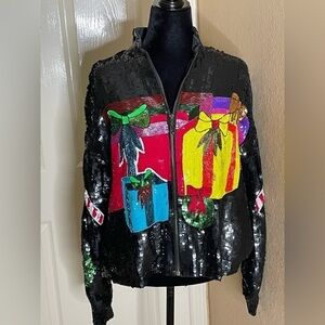 Vintage  Christmas Bomber Jacket Med  Silk Sequined All Over Party‌